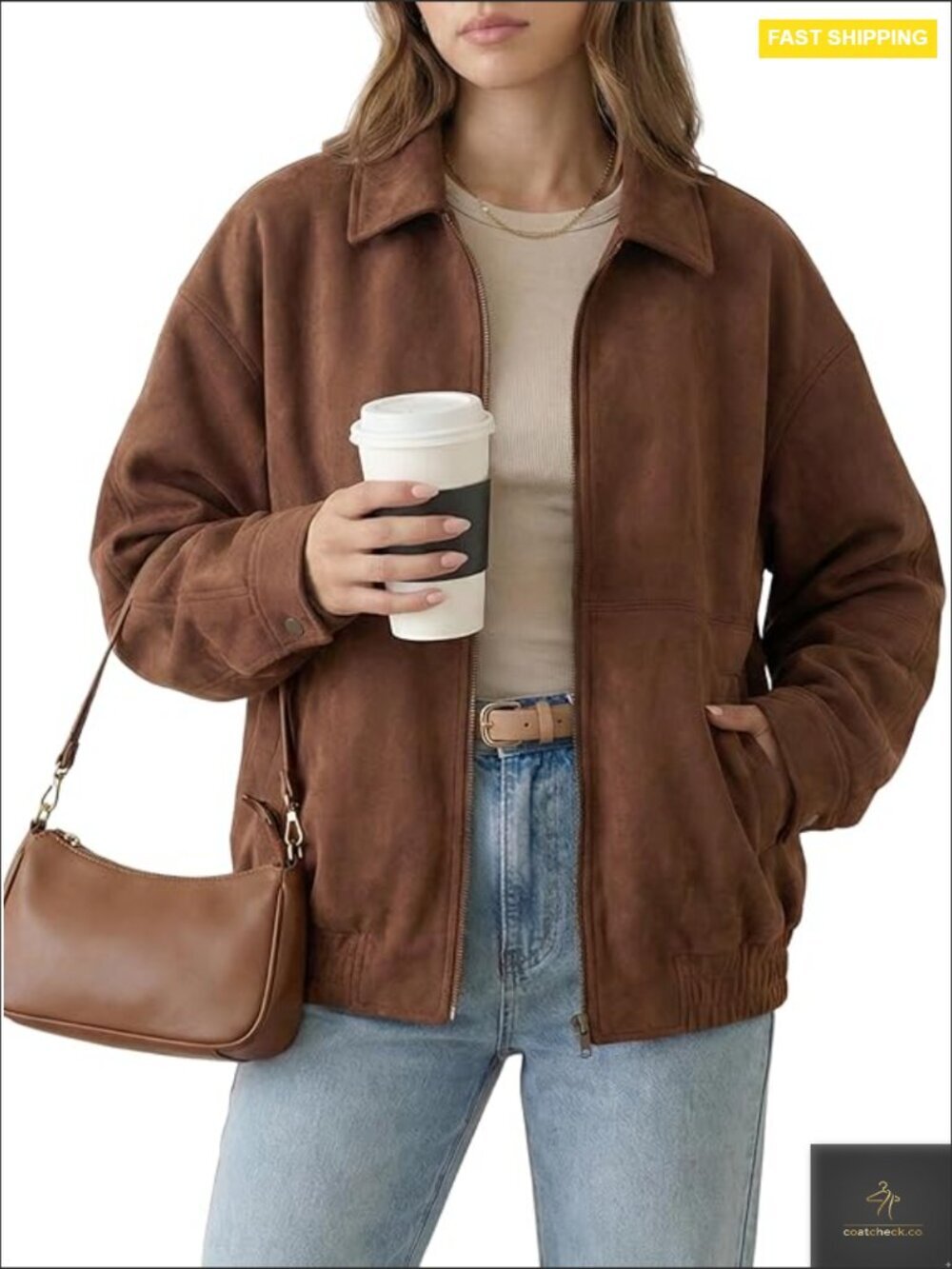 Oversized Faux Suede Bomber Jacket Zip Up Casual Trendy Long Sleeve with Pockets